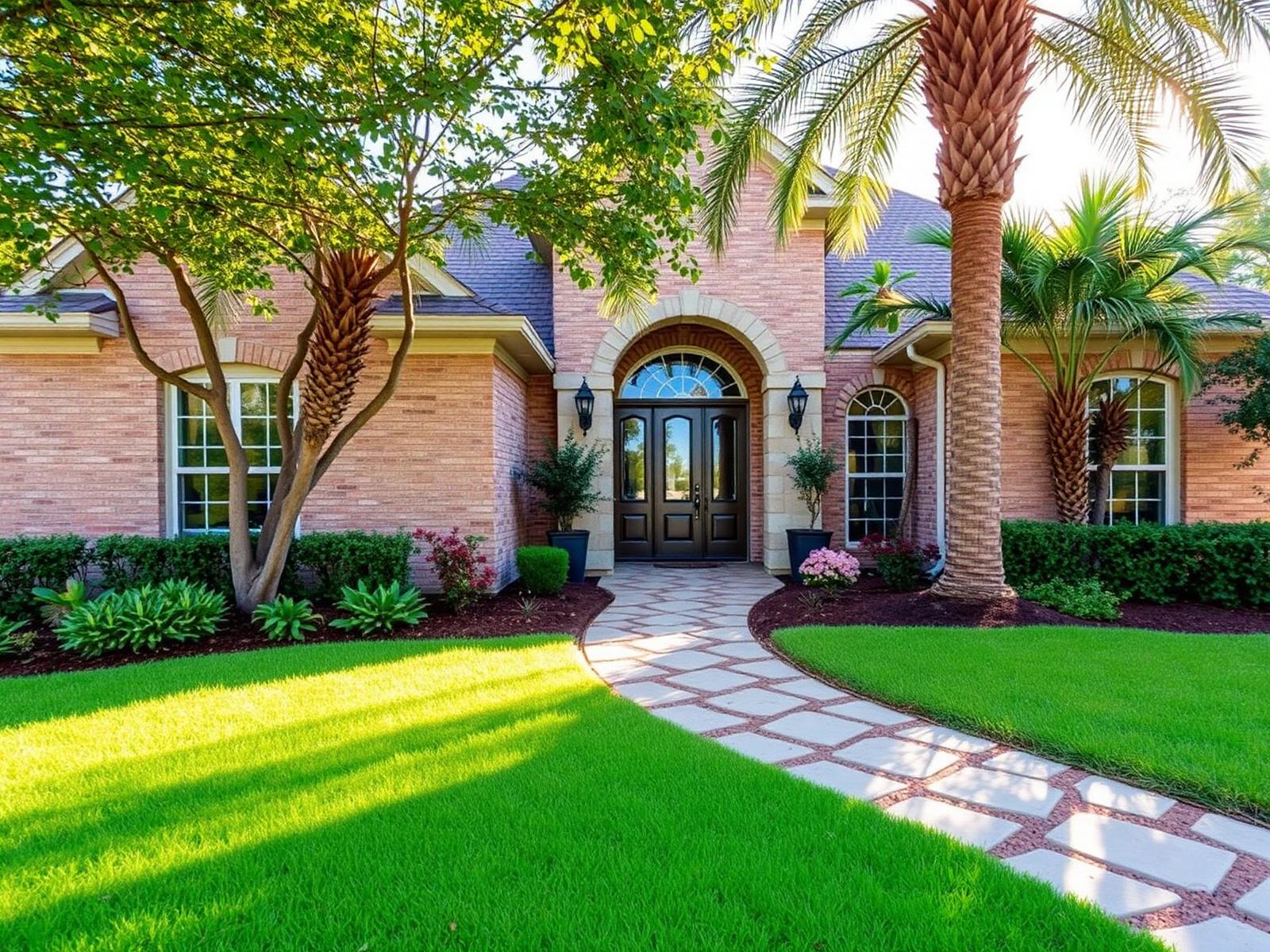 Beautifully landscaped Houston home with lush lawn and stone pathway