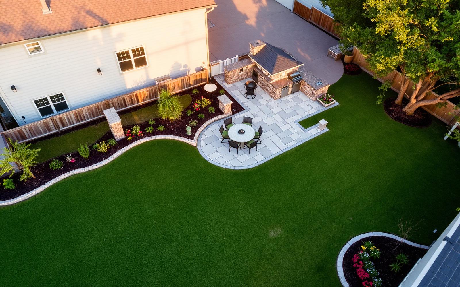 Aerial view of a professionally landscaped Houston backyard